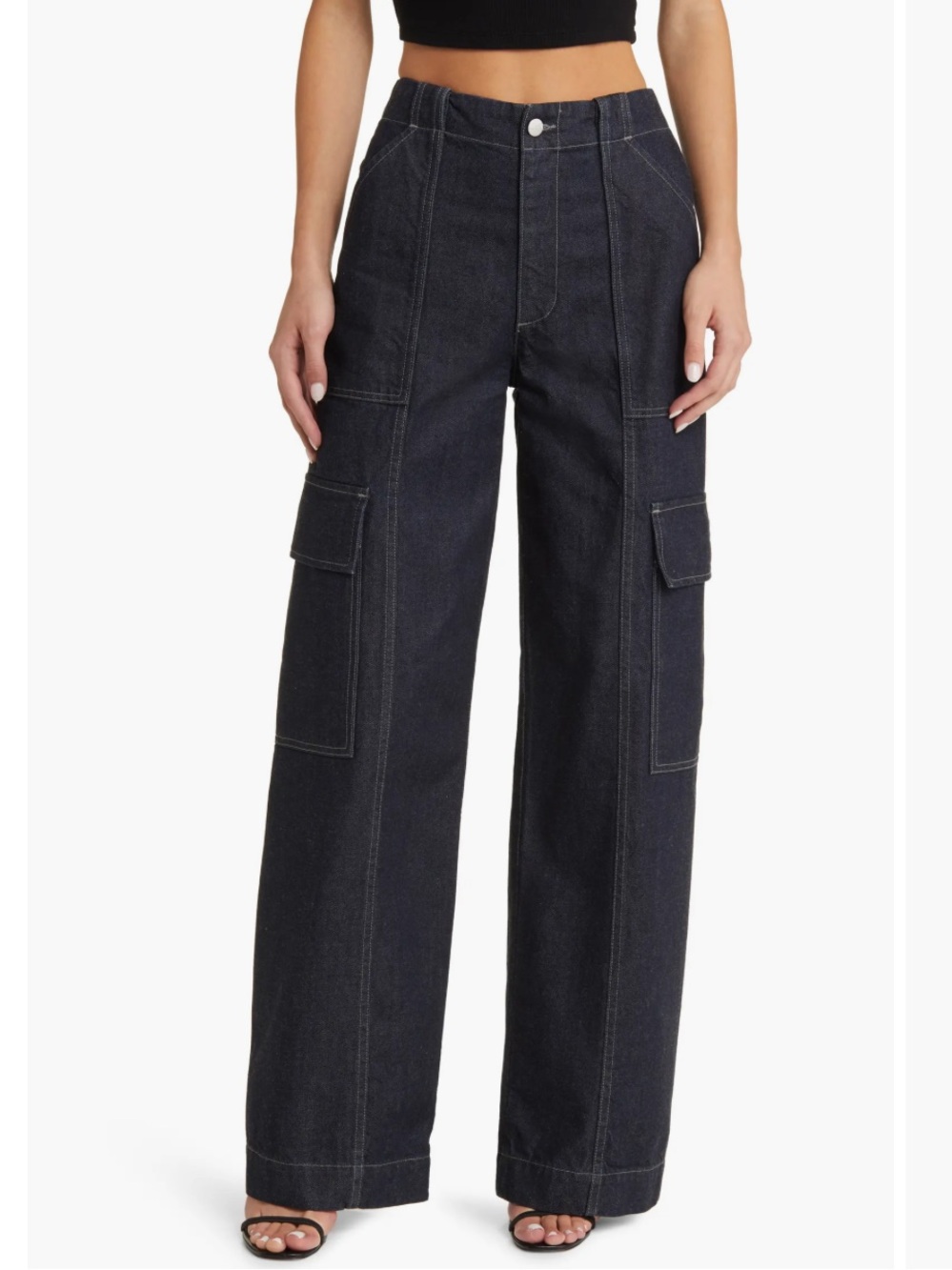 AG x EmRata Amia Wide Leg Cargo Jeans Carpenter Dark Indigo 32 Tall
